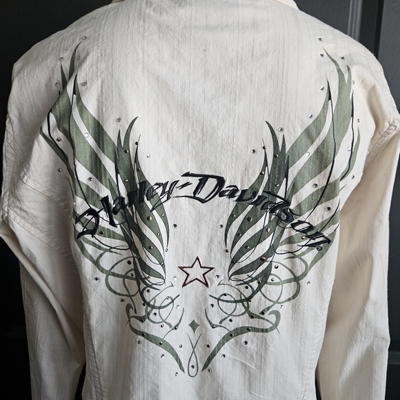 HARLEY DAVIDSON Ladies Vintage Crystal Embroidered Fitted Tan Shirt Size Large - Picture 7 of 12